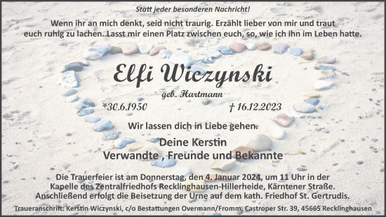 Traueranzeige von Elfi Wiczynski von Medienhaus Bauer
