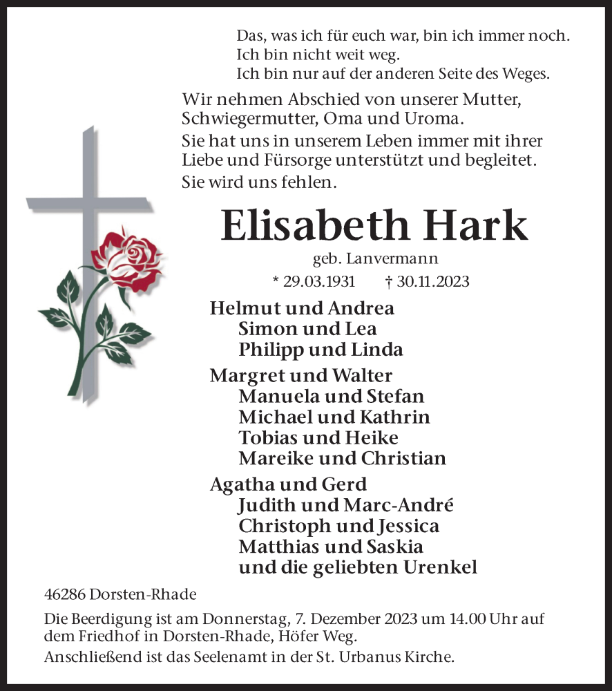  Traueranzeige für Elisabeth Hark vom 02.12.2023 aus Ruhr Nachrichten und Dorstener Zeitung
