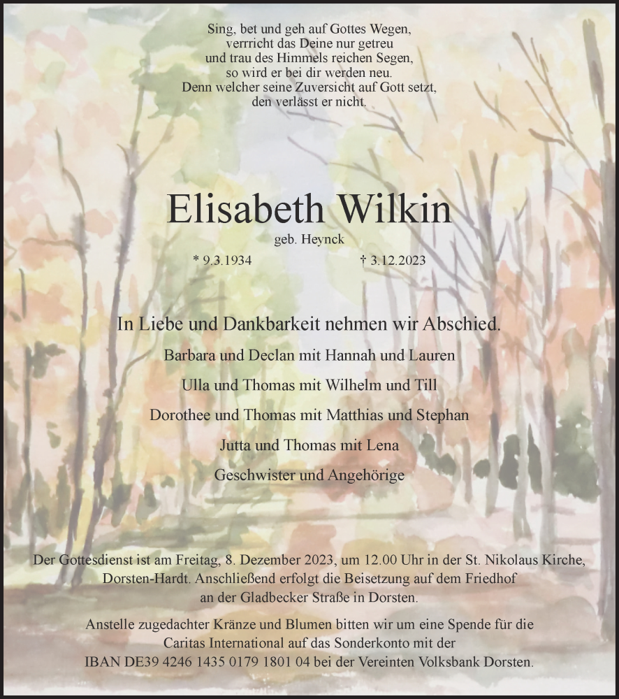  Traueranzeige für Elisabeth Wilkin vom 06.12.2023 aus Ruhr Nachrichten und Dorstener Zeitung