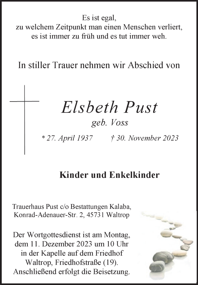  Traueranzeige für Elsbeth Pust vom 09.12.2023 aus Medienhaus Bauer
