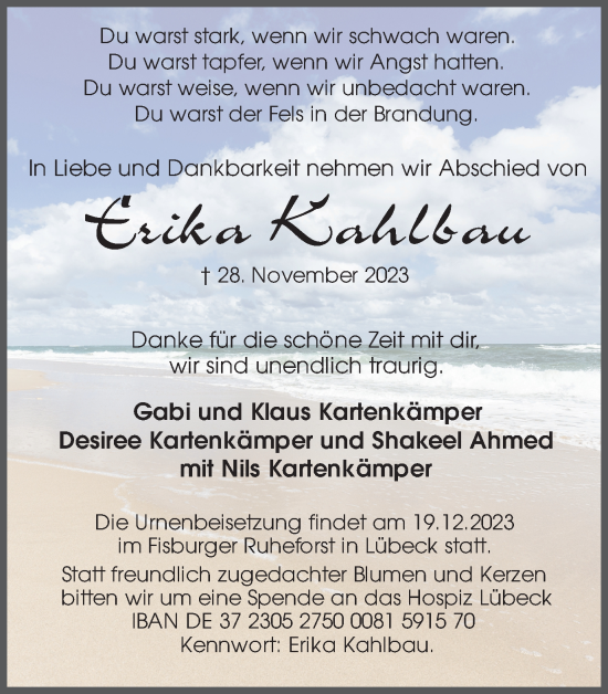 Traueranzeige von Erika Kahlbau von Ruhr Nachrichten und Dorstener Zeitung