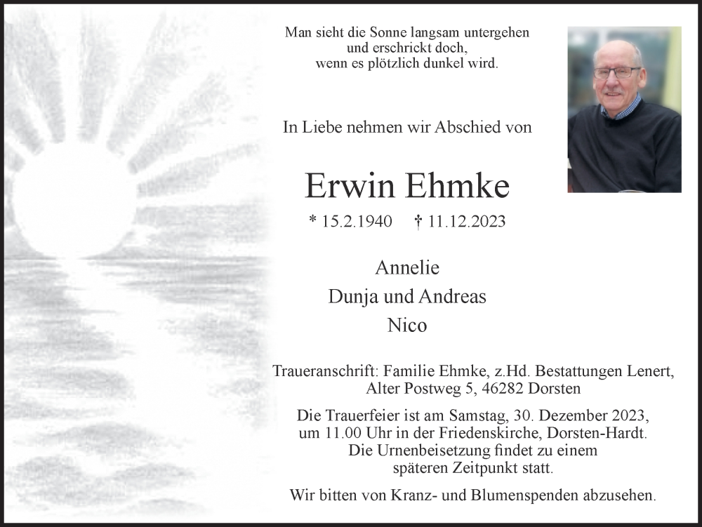  Traueranzeige für Erwin Ehmke vom 23.12.2023 aus Ruhr Nachrichten und Dorstener Zeitung