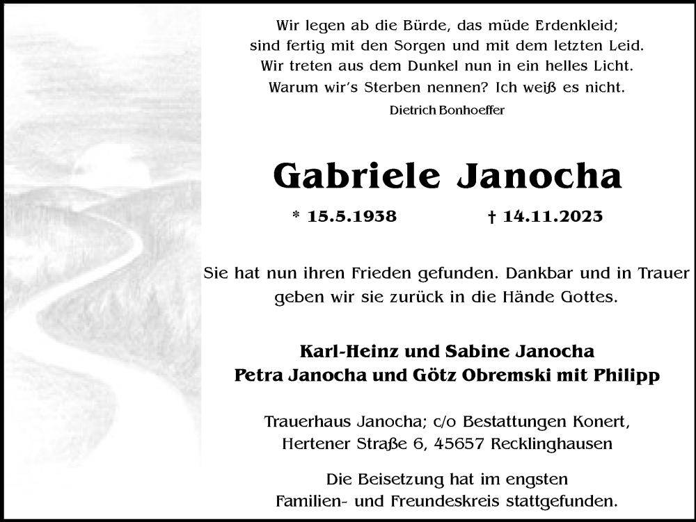  Traueranzeige für Gabriele Janocha vom 02.12.2023 aus Medienhaus Bauer