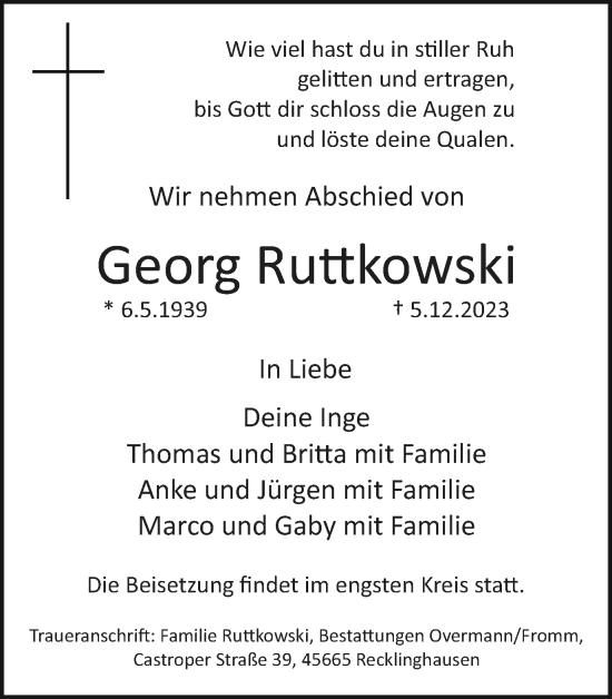 Traueranzeige von Georg Ruttkowski von Medienhaus Bauer
