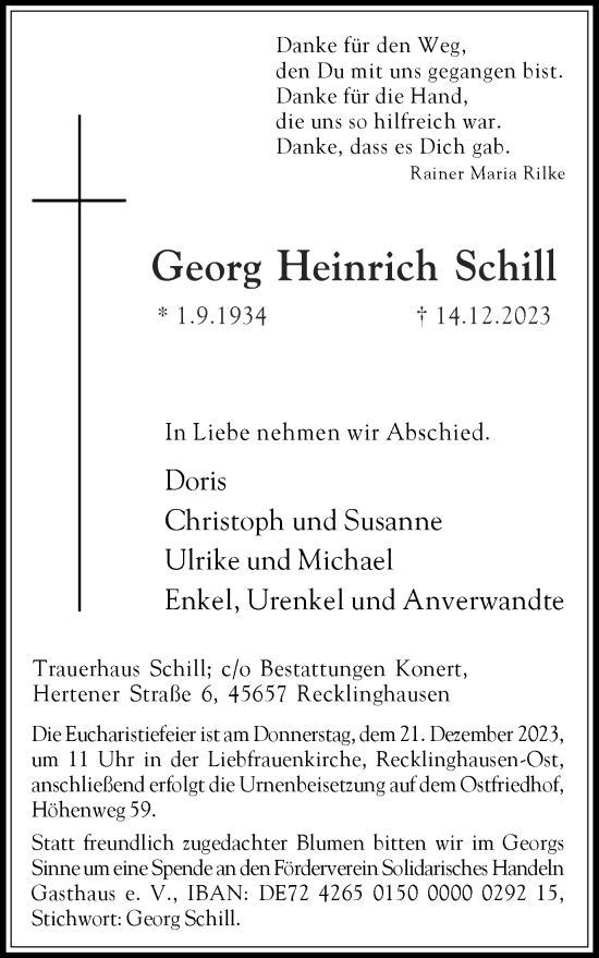 Traueranzeige von Georg Heinrich Schill von Medienhaus Bauer