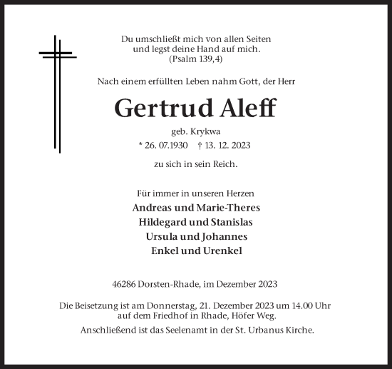 Traueranzeige von Gertrud Aleff von Ruhr Nachrichten und Dorstener Zeitung