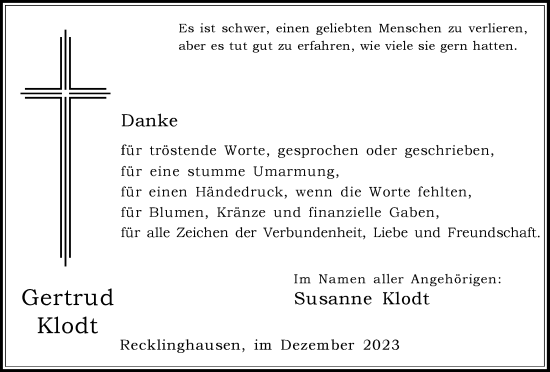 Traueranzeige von Gertrud Klodt von Medienhaus Bauer