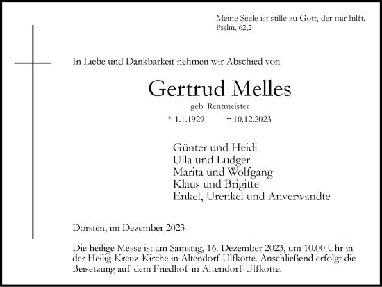 Traueranzeige von Gertrud Melles von Ruhr Nachrichten und Dorstener Zeitung