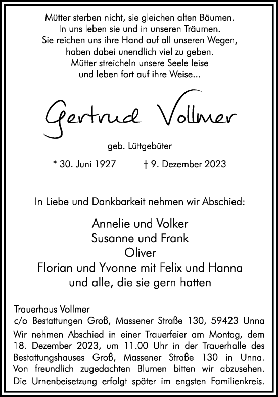 Traueranzeige von Gertrud Vollmer von Hellweger Anzeiger
