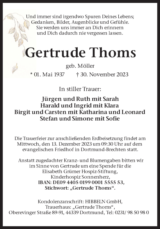 Traueranzeige von Gertrude Thoms 