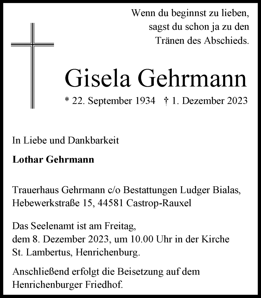  Traueranzeige für Gisela Gehrmann vom 06.12.2023 aus Ruhr Nachrichten
