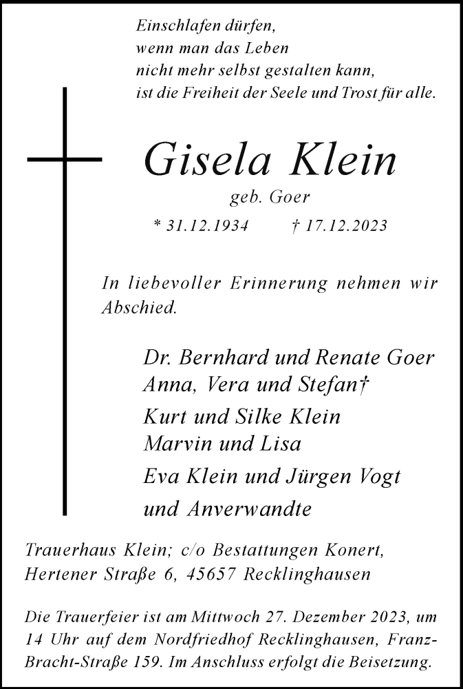  Traueranzeige für Gisela Klein vom 23.12.2023 aus Medienhaus Bauer
