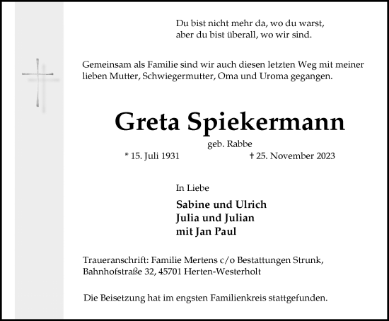 Traueranzeige von Greta Spiekermann von Medienhaus Bauer