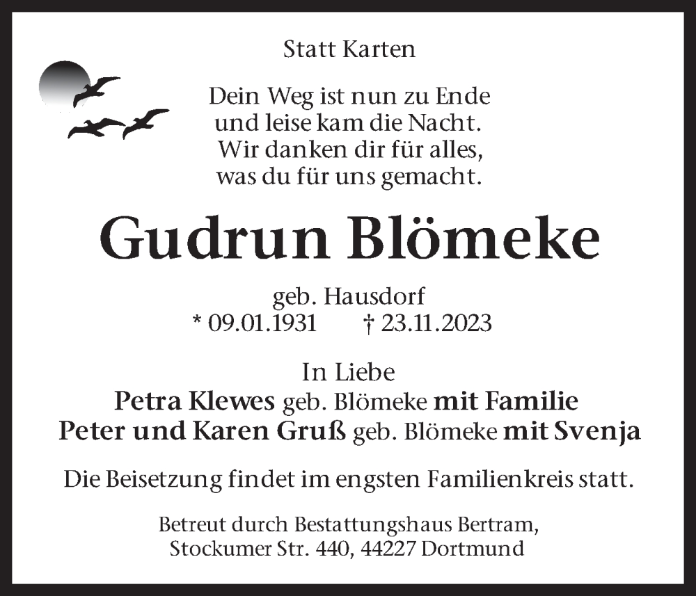  Traueranzeige für Gudrun Blömeke vom 02.12.2023 aus 
