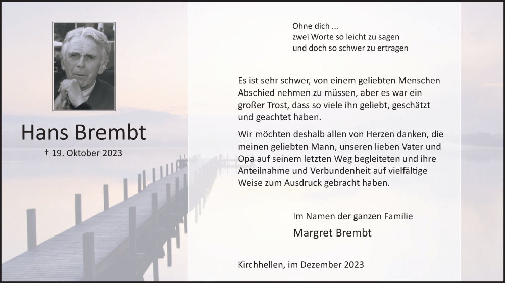  Traueranzeige für Hans Brembt vom 02.12.2023 aus Ruhr Nachrichten und Dorstener Zeitung