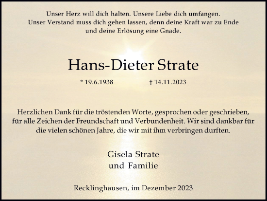 Traueranzeige von Hans-Dieter Strate von Medienhaus Bauer