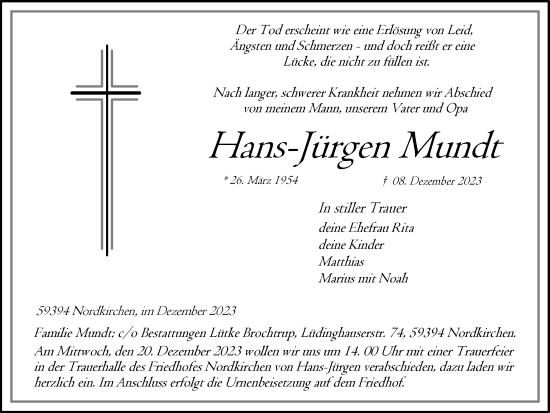 Traueranzeige von Hans-Jürgen Mundt von Ruhr Nachrichten