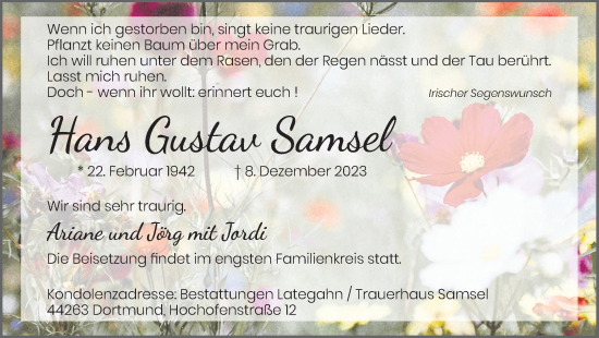 Traueranzeige von Hans Gustav Samsel 