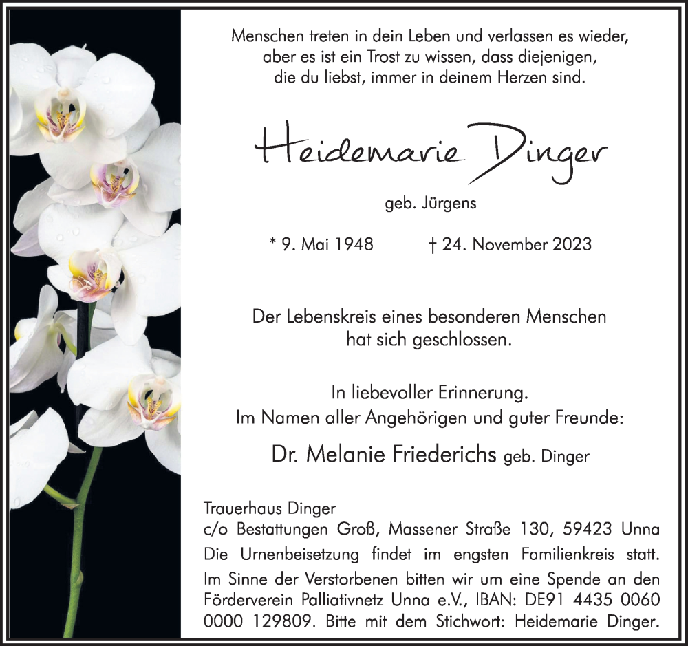  Traueranzeige für Heidemarie Dinger vom 02.12.2023 aus Hellweger Anzeiger