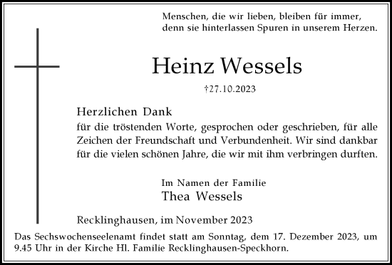 Traueranzeige von Heinz Wessels von Medienhaus Bauer