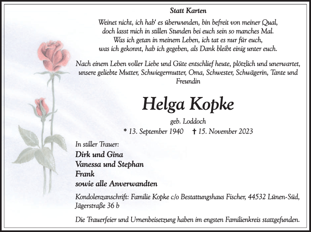 Traueranzeige für Helga Kopke vom 02.12.2023 aus 