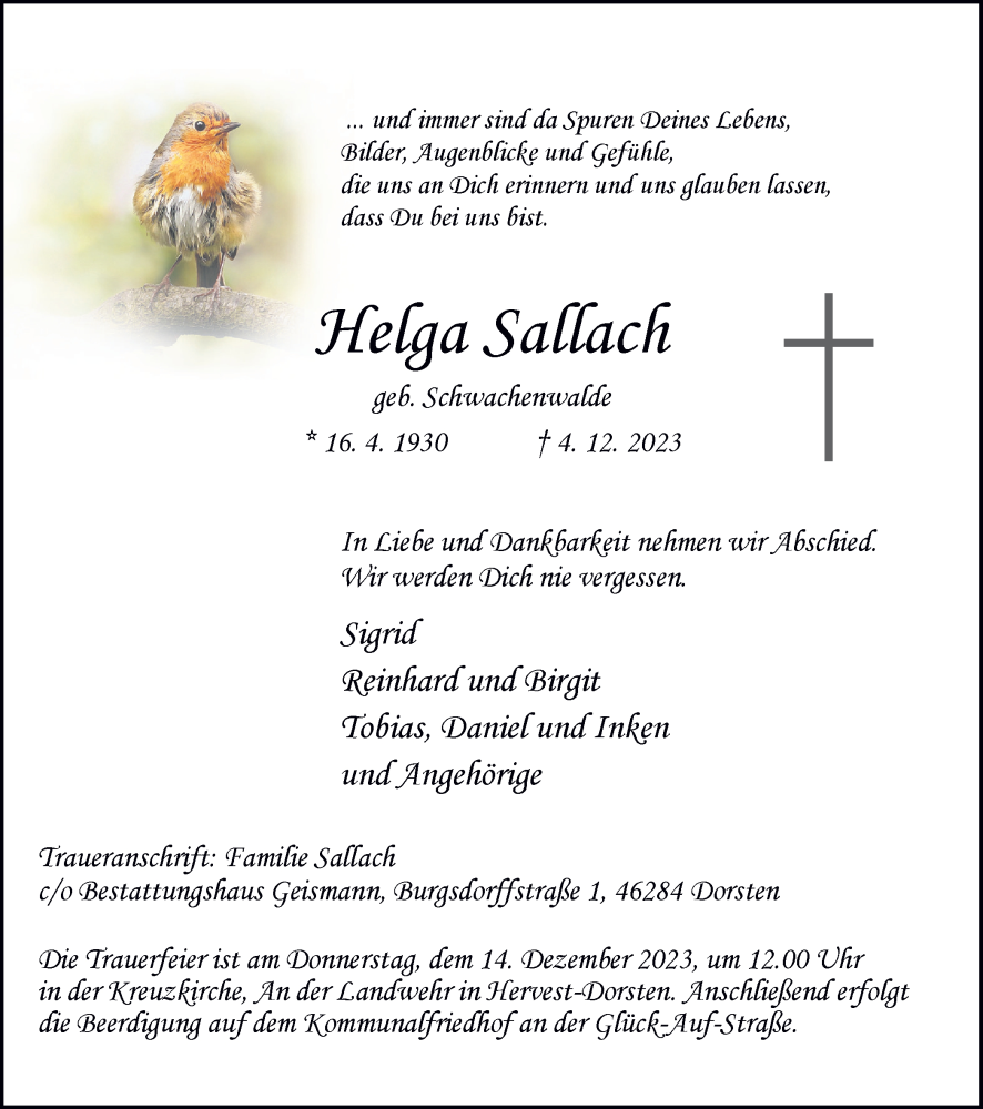  Traueranzeige für Helga Sallach vom 09.12.2023 aus Ruhr Nachrichten und Dorstener Zeitung