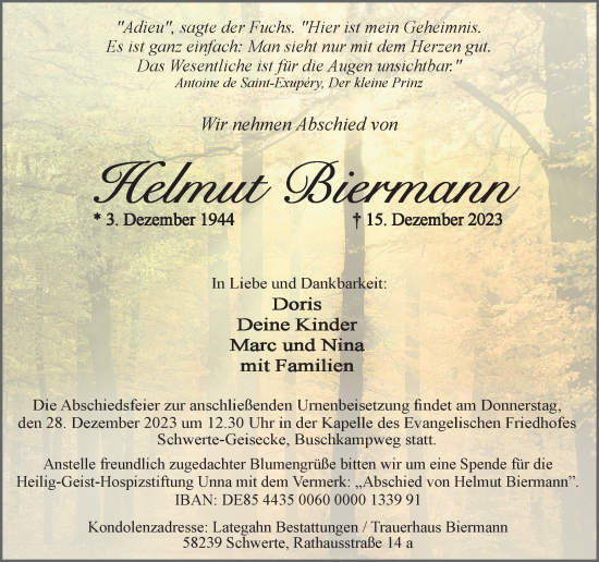 Traueranzeige von Helmut Biermann von Hellweger Anzeiger