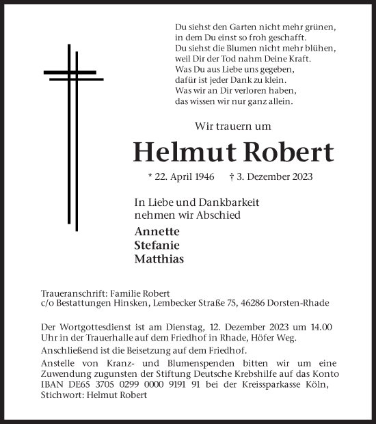 Traueranzeige von Helmut Robert von Ruhr Nachrichten und Dorstener Zeitung
