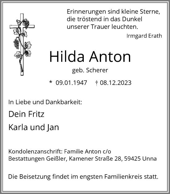 Traueranzeige von Hilda Anton von Hellweger Anzeiger