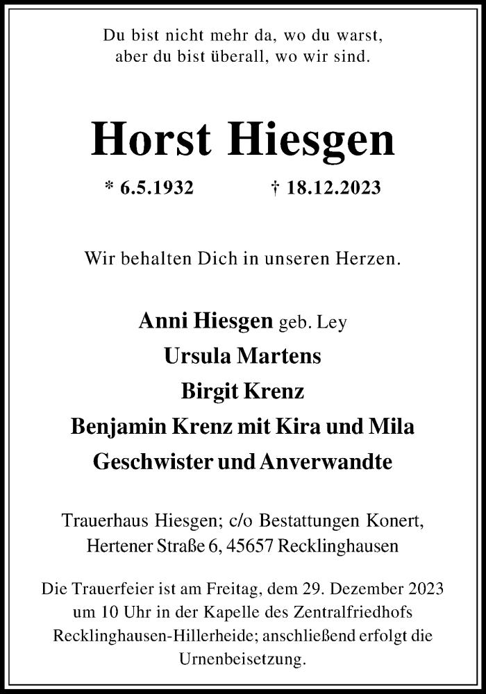  Traueranzeige für Horst Hiesgen vom 23.12.2023 aus Medienhaus Bauer