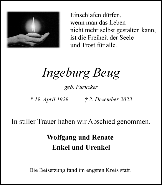 Traueranzeige von Ingeburg Beug von Medienhaus Bauer