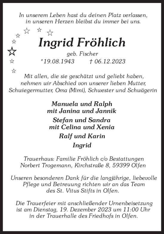 Traueranzeige von Ingrid Fröhlich von Ruhr Nachrichten