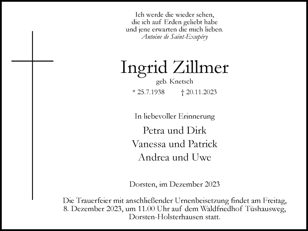  Traueranzeige für Ingrid Zillmer vom 02.12.2023 aus Ruhr Nachrichten und Dorstener Zeitung
