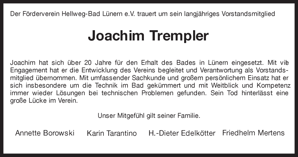  Traueranzeige für Joachim Trempler vom 16.12.2023 aus Hellweger Anzeiger