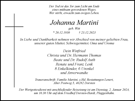 Traueranzeige von Johanna Martini von Ruhr Nachrichten und Dorstener Zeitung