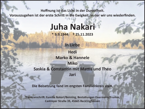 Traueranzeige von Juha Nakari von Medienhaus Bauer