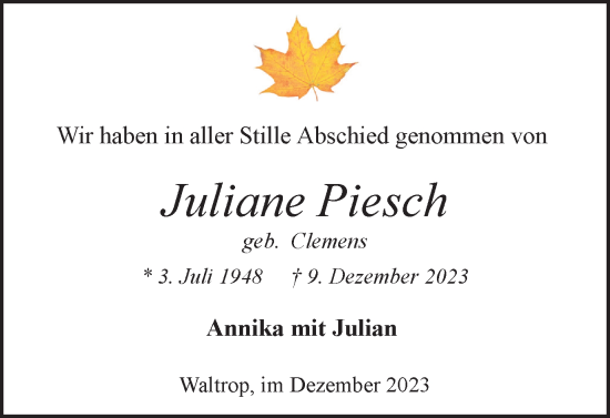 Traueranzeige von Juliane Piesch von Medienhaus Bauer