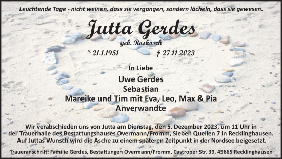 Traueranzeige von Jutta Gerdes von Medienhaus Bauer