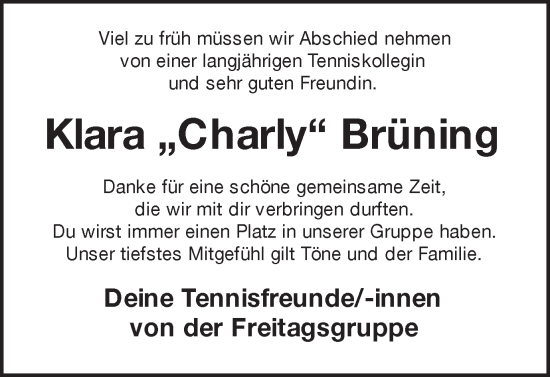 Traueranzeige von Klara Brüning von Münstersche Zeitung und Münsterland Zeitung