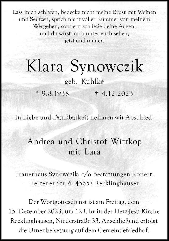  Traueranzeige für Klara Synowczik vom 09.12.2023 aus Medienhaus Bauer