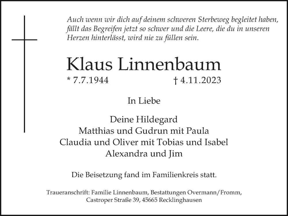  Traueranzeige für Klaus Linnenbaum vom 02.12.2023 aus Medienhaus Bauer