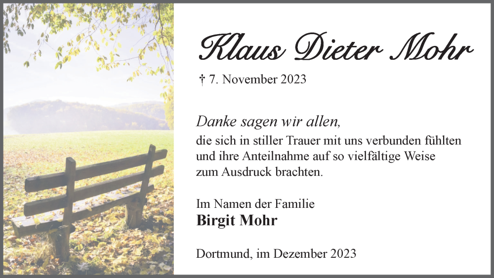  Traueranzeige für Klaus Dieter Mohr vom 16.12.2023 aus 