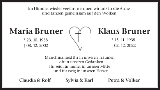 Traueranzeige von Klaus und Maria Bruner von Medienhaus Bauer