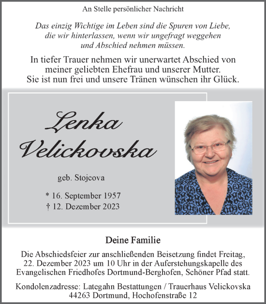 Traueranzeige von Lenka Velickovska 