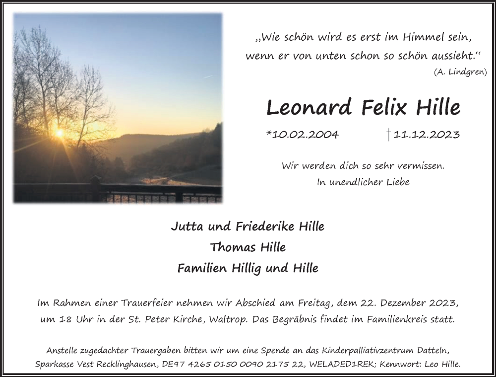  Traueranzeige für Leonard Felix Hille vom 20.12.2023 aus Medienhaus Bauer