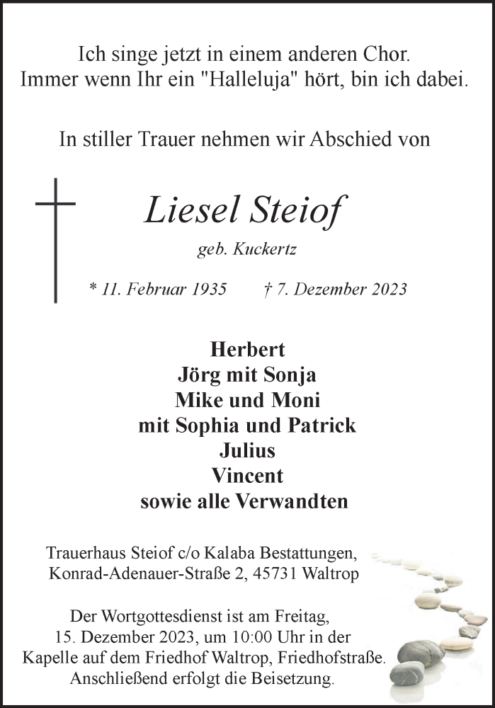  Traueranzeige für Liesel Steiof vom 13.12.2023 aus Medienhaus Bauer