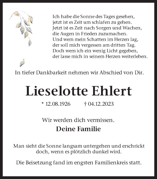Traueranzeige von Lieselotte Ehlert 