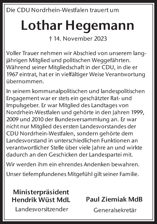 Traueranzeige von Lothar Hegemann von Medienhaus Bauer