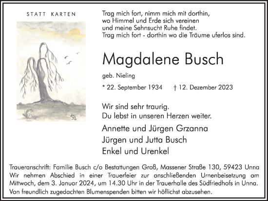 Traueranzeige von Magdalene Busch von Hellweger Anzeiger