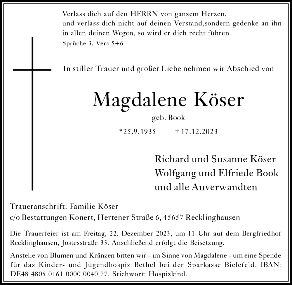  Traueranzeige für Magdalene Köser vom 20.12.2023 aus Medienhaus Bauer